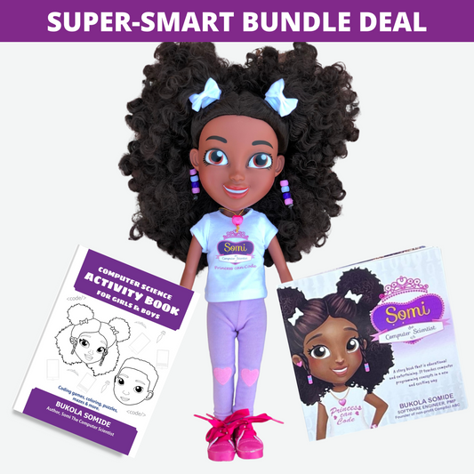 Super-Smart Bundle Kit: STEM Books with 14-inch Somi the Computer Scientist Interactive Doll